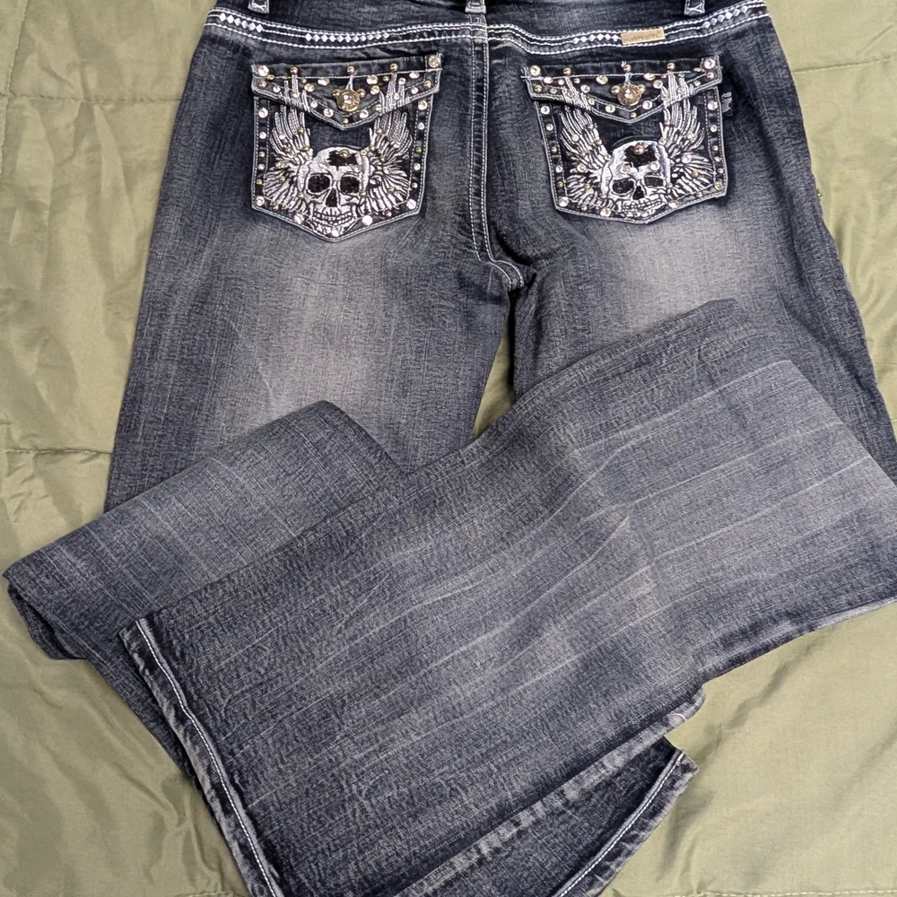 Edgy Skull Embellished Boot Cut Jeans - Picture 1 of 6
